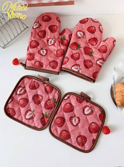 Wzór truskawkowy Kuchnia Pogrubione Rękawice Kuchenne Do Gotowania W Kuchni I Mikrofalowej I Mata Izolacyjna Do Codziennego Użytku Domowego Kuchenne Rękawice Kuchenne Do Restauracji Zestaw Mat Izolacyjnych 2 SZT. 4 SZT.