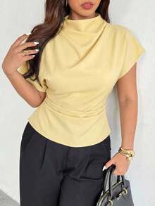 Blusa ajustada con cuello fruncido, manga asimétrica y cintura fruncida con estampado de lunares marrones.Adecuada para ir a trabajar, estilo vintage, elegante, para usar en las cuatro estaciones y para vacaciones en la Riviera Francesa - Amarillo - Ver 6