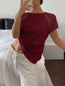 Elegante Camiseta Ajustada Con Patchwork De Encaje Y Manga Corta - Burdeos - Ver 4