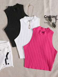 Top de tanque casual sólido de cuello redondo acanalado para el verano - Rosa Fucsia - Ver 5