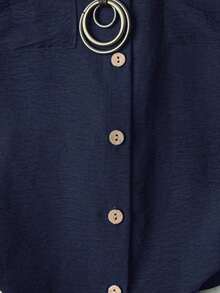 Camisa casual de moda cómoda para mujer de talla grande, de unicolor, con cierre de botones completo, cuello de solapa, manga corta y bolsillos dobles - Azul marino - Ver 3