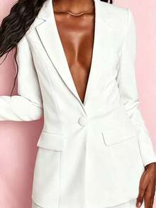 Conjunto de blazer y pantalones de unicolor y manga larga minimalista para mujer - Blanco - Ver 3