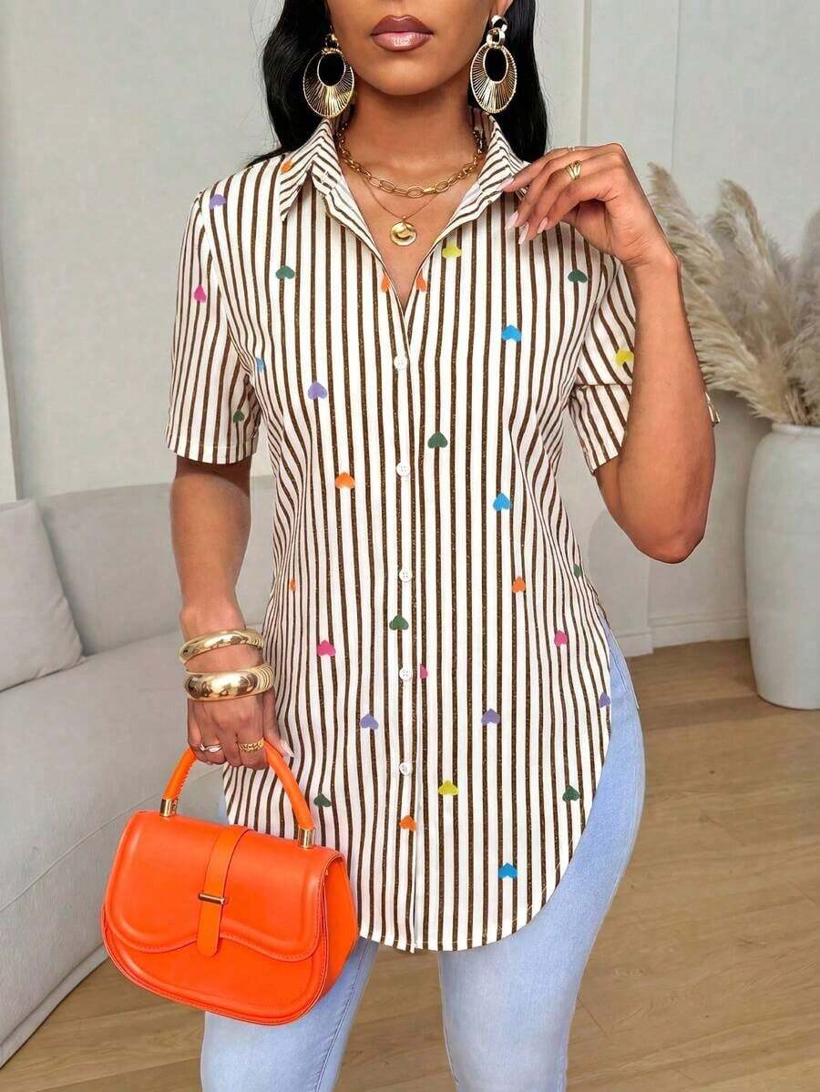 Camisa de mujer de manga corta, ajuste ceñido, con dobladillo curvo dividido, unicolor minimalista, para uso diario y casual en verano - Multicolor 6 - Ver 1