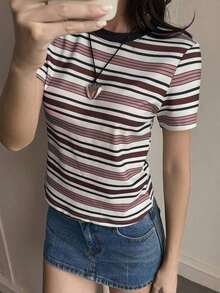 Camiseta de mujer de manga corta, cuello redondo y rayas, informal, para otoño - Burdeos - Ver 6