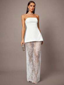 Set de 2 piezas con top corto tipo bustier negro y minifalda con dobladillo de encaje, adecuado para citas, graduaciones, conciertos, vestidos de dama de honor, bodas, ocasiones románticas, estilo minimalista, conjunto elegante para uso diario - Blanco - Ver 7
