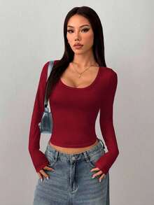Camiseta de manga larga de ajuste ceñido de unicolor y cuello redondo para mujer, adecuada para verano y otoño/invierno, top azul marino, top de manga larga azul, top azul para mujer, tops ajustados para mujer, top de cuello de pico para mujer - Burdeos - Ver 7