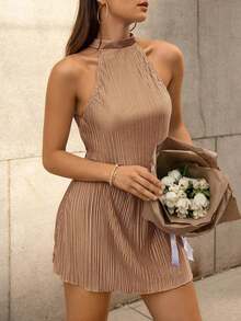 Vestido Ajustado Texturizado Con Cuello Halter Para Mujer - Albaricoque - Ver 5