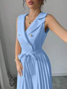 Mono plisado con diseño de chaleco cruzado elegante para mujer, color albaricoque, para primavera y otoño - Celeste - Ver 6