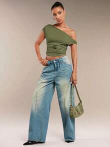 Blusa de verano de unicolor con hombro asimétrico y fruncido para mujer - Verde militar - Ver 3