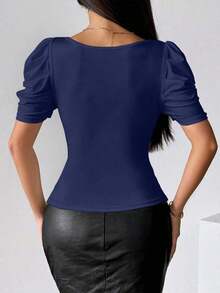 Camiseta ajustada de manga corta con cuello en V sexy y cremallera delantera - azul real - Ver 2
