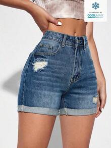 Shorts de mezclilla de cintura alta, ajustados y de moda para mujeres con diseño desgastado - Azul lavado oscuro - Ver 5