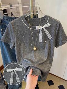 29 Camiseta de mujer de cuello redondo elástico regular - Gris Oscuro - Ver 7