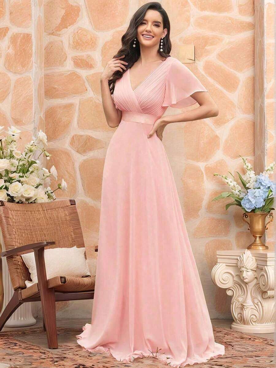 Vestido de dama de honor con cuello en V elegante, mangas con volantes y mariposa, color verde salvia, vestido de invitada de boda, vestido de primavera semi-formal para boda, fiesta de cumpleaños, graduación, Día de San Valentín - Rosa - Ver 1