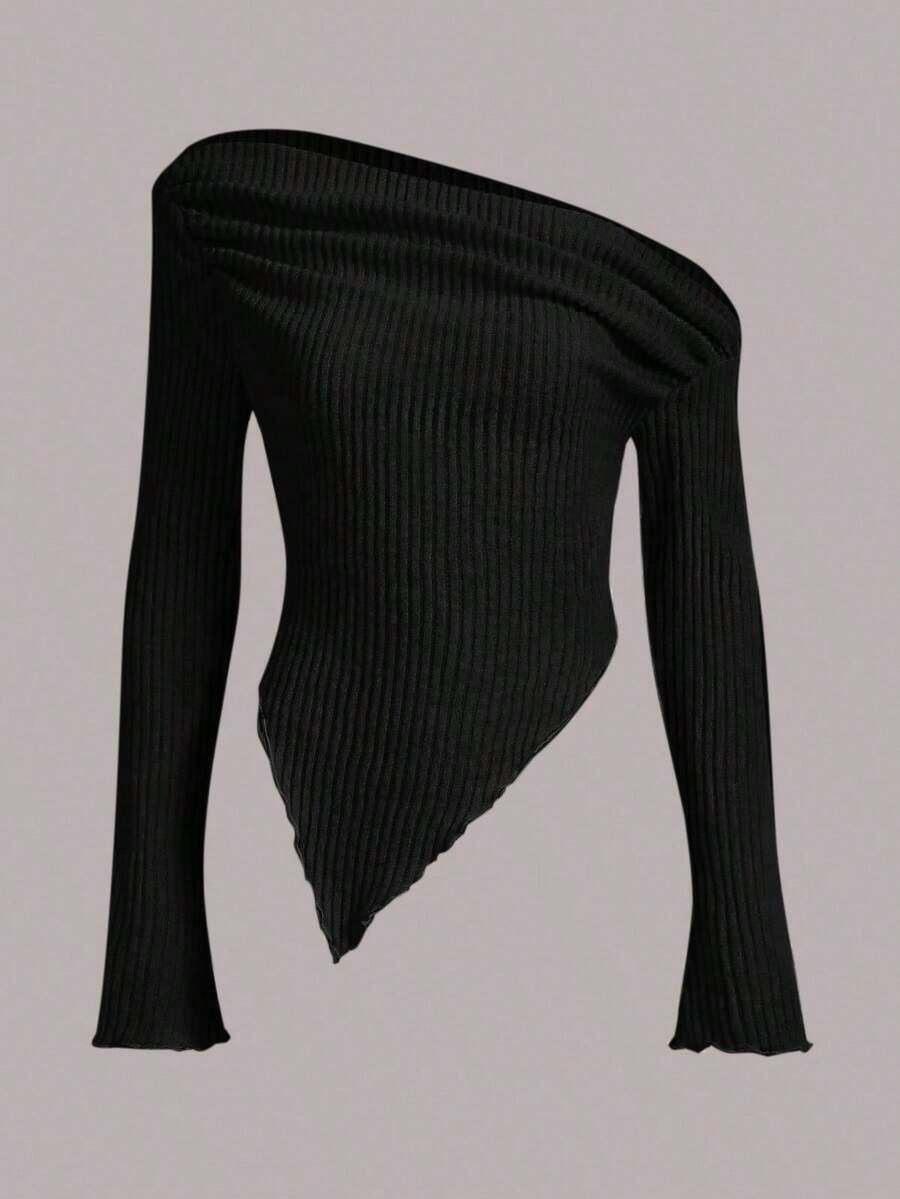ICON Camiseta con cuello asimétrico y ribete de lechuga, estilo Y2K grunge - Negro - Ver 1