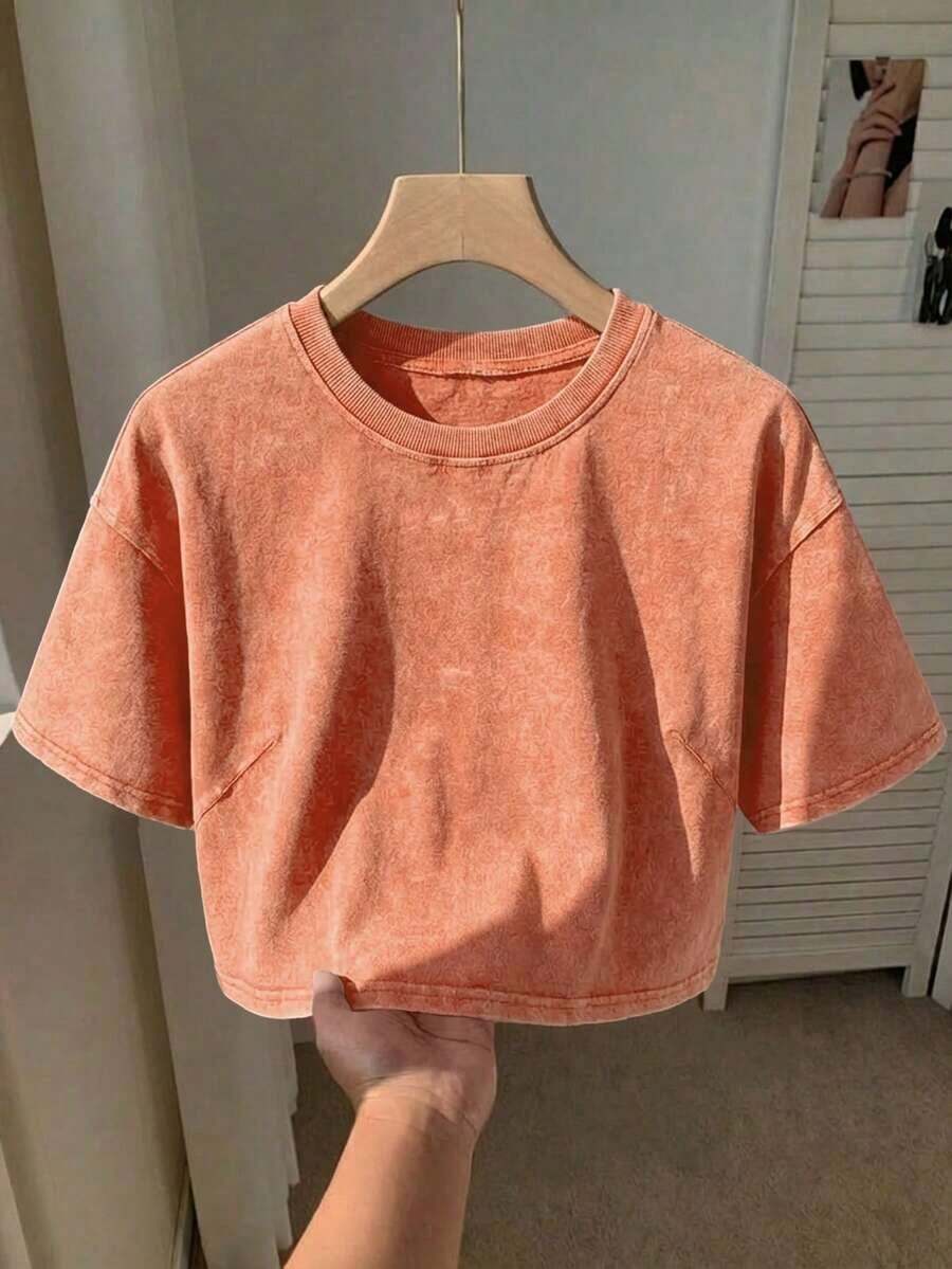 Camiseta básica de manga corta de 100% algodón lavado, verde oliva - Naranja - Ver 1