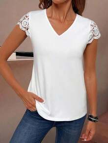 Camiseta de manga corta con parche de encaje en color liso, versátil y casual - Blanco - Ver 3