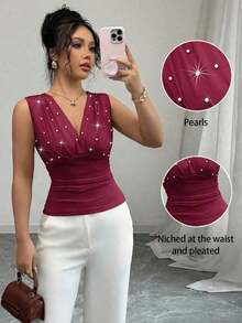 Camiseta de mujer elegante y romántica con perlas beige - Burdeos - Ver 8