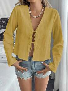 Blusa suelta de hombros caídos con nudo delantero, unicolor, de estilo informal, con mangas acampanadas para mujer - Mostaza Amarilla - Ver 7