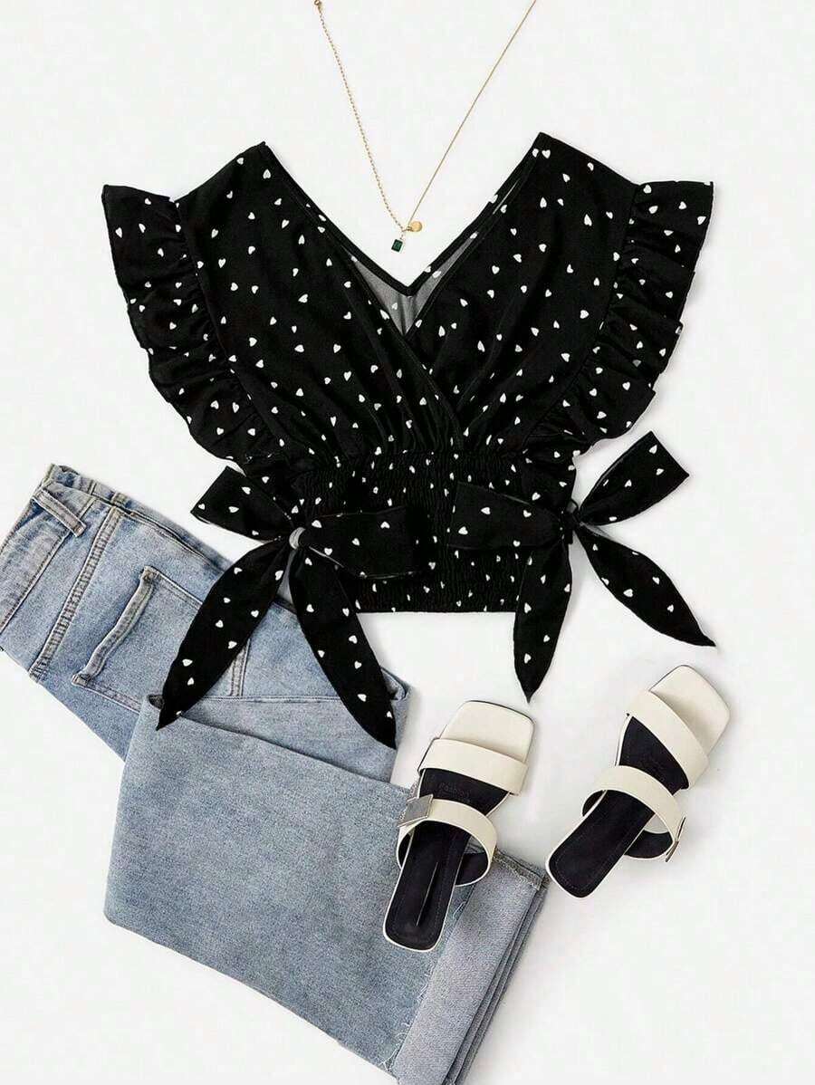 Top de lunares con nudo fruncido ribete fruncido - Negro - Ver 1
