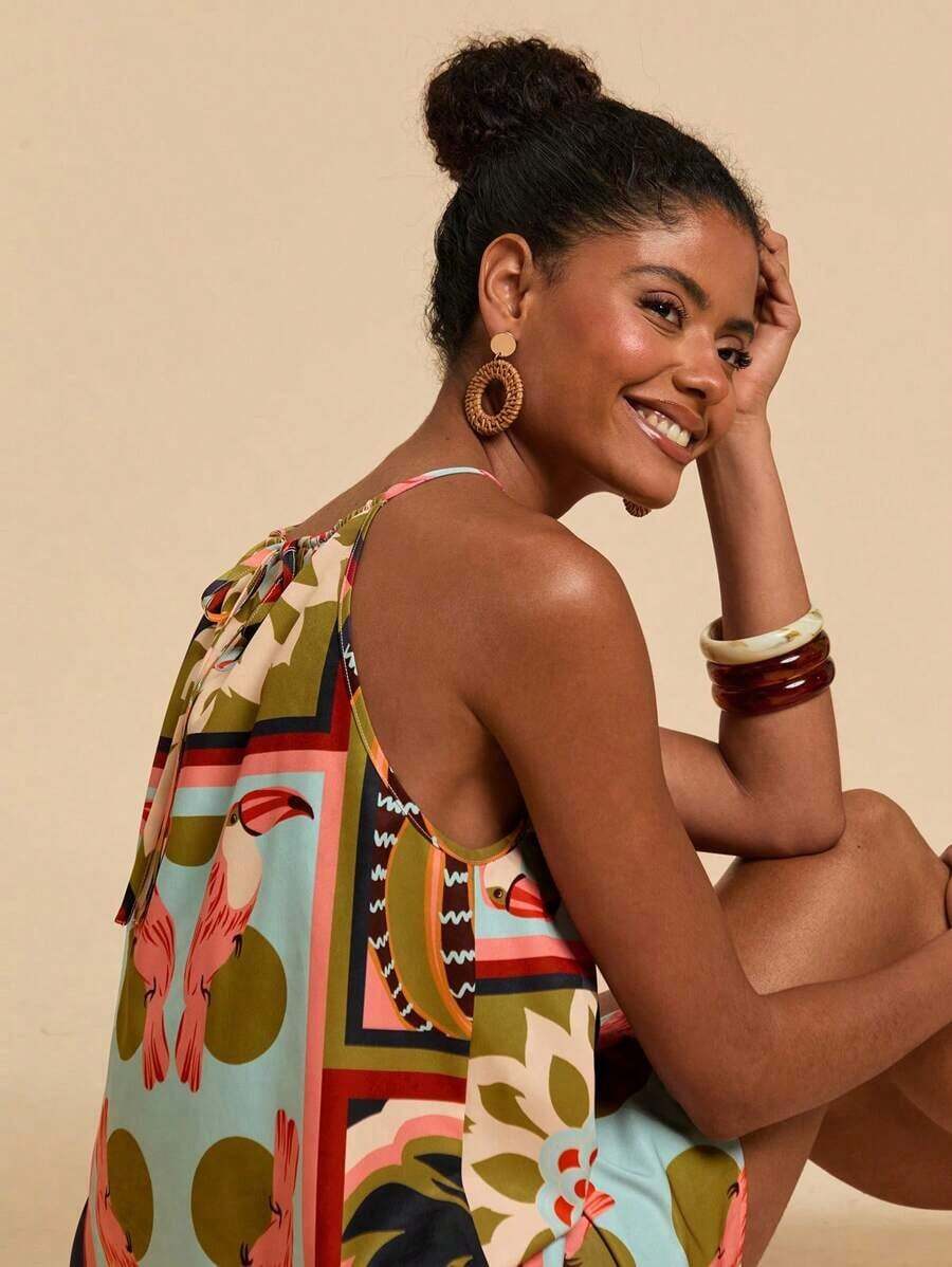 Vestido corto holgado con hombros al descubierto y estampado tejido para mujeres para vacaciones - Multicolor 3 - Ver 1