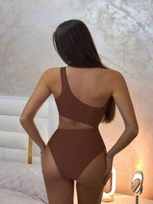 Traje de baño de una pieza con bloque de color y un solo hombro para mujer, ideal para nadar, vacaciones y playa en verano - Multicolor 2 - Ver 3