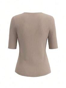 Selamara 3 piezas Camisetas casuales de mujer de unicolor, cuello redondo, manga corta y ajustadas con costillas - Albaricoque - Ver 2