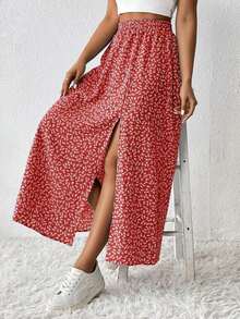 Falda De Verano Para Mujeres Con Estampado Floral Pequeño Y Abertura De Muslo - Rojo - Ver 3