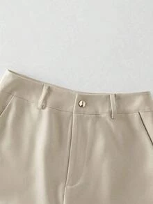 Conjunto de blazer y pantalón de bolsillo de unicolor azul con botones dorados y cuello entallado elegante para mujer, versátil para otoño/invierno - Albaricoque - Ver 4