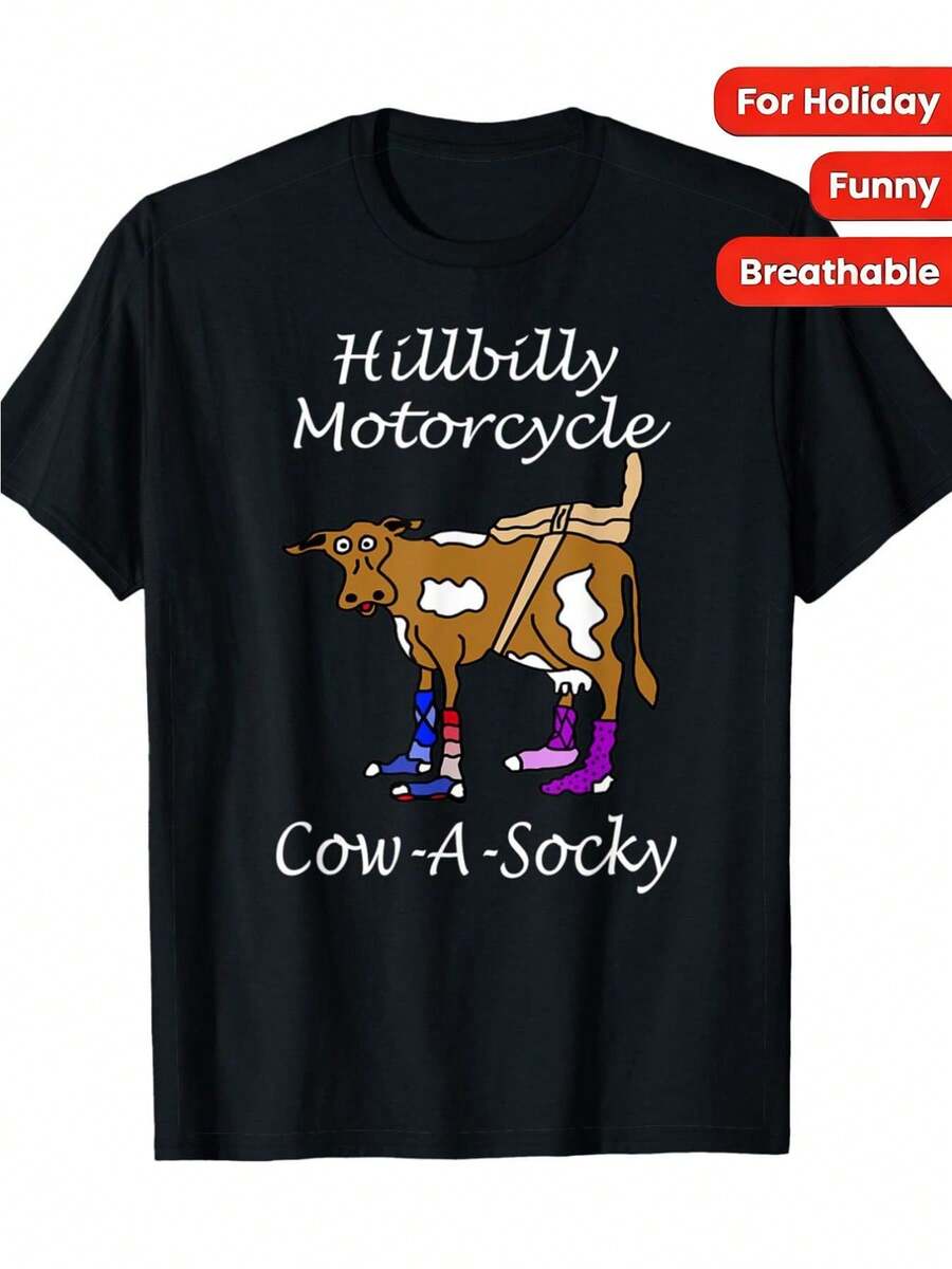 Exclusivo para amantes del humor campestre: Camiseta con estampado de vaca estilo motociclista hillbilly, divertida camiseta casual de manga corta con estampado de vaquero. - Negro - Ver 1