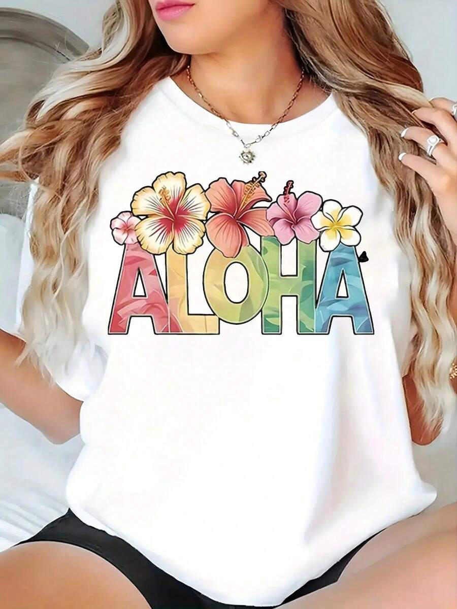 Camiseta Hawaiana Plus Size para Mujer - Estampado Vibrante de Hibisco y Plumeria, Manga Corta Cuello Redondo Casual, Transpirable y Lavable a Máquina, Top de Verano Talla Grande - Blanco - Ver 1
