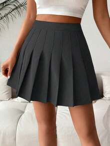 Falda pantalón casual de talle alto con pliegues y rayas para mujer - Negro - Ver 3