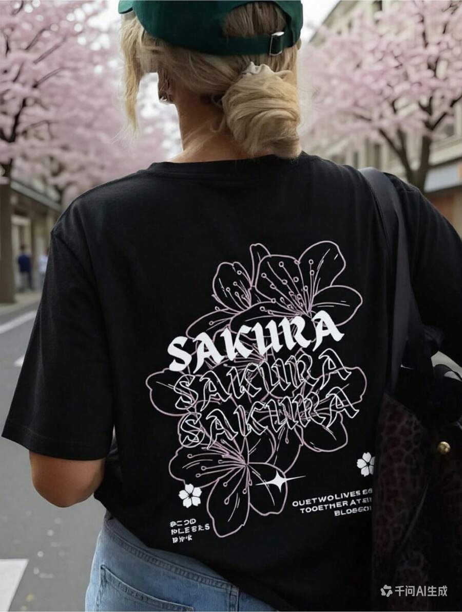 Camiseta de manga corta con estampado de moda estilo Ins, modelo básico (los pantalones son solo sugerencias de estilo), corte holgado y relajado que no requiere ser alto ni delgado, sencilla y elegante, pero nunca pasa de moda. La tela es ligera y transpirable, y resulta refrescante y cómoda de llevar en verano. El adorno de impresión personalizada de moda no es monótono. Es adecuado para el ocio diario, para uso entre amigas y para el hogar, además de ser económico y versátil. - Negro - Ver 1