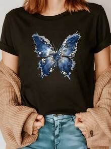 Blue Butterfly Adorned With Pearls Symbolizing Freedom, Transformation, And Feminine Beauty, Reflecting A Connection With Nature And Inner Power. A Modern And Comfortable Casual Women's T-Shirt For Everyday Wear. - 黑色 - 查看 8