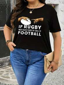 Manga corta, conjuntos de verano para mujer, camiseta estampada de talla grande para mujer - manga corta informal con cuello redondo, estampado con temática de rugby, poliéster ligero, top de primavera-verano, ropa informal. |     Diseño de Rugby |     Camisa Ligera, Ropa de Invierno para Mujer, Tops de Mujer Vintage - Negro - Ver 3