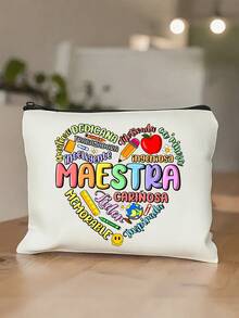 Maestra Theme Makeup Bag Set, Spanish Teacher's Day Gift Makeup Bag, "Gracias Maestra" Floral Heart Print Canvas Zipper Bag, Maestra Letter Pattern Makeup Bag, Floral Print Zipper Women's Makeup Bag, Gift For Her, Suitable For Women's Cosmetic Storage, College Dorm Cosmetic Storage, Women's Travel, Gift Bag, Teacher's Day Gift Bag - Multicolor - View 8