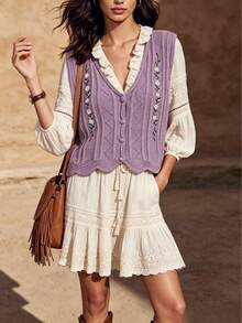 Áo khoác cardigan cổ chữ V thêu họa tiết, kiểu dáng thường ngày, thoáng mát dành cho nữ mùa xuân/hè. - Bụi tím - Xem 1