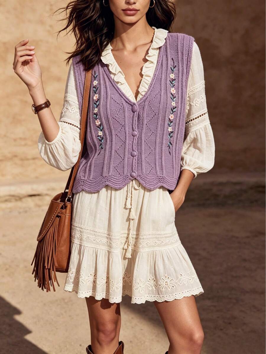 Áo khoác cardigan cổ chữ V thêu họa tiết, kiểu dáng thường ngày, thoáng mát dành cho nữ mùa xuân/hè. - Bụi tím - Xem 1