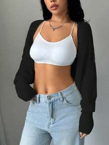 Casual Chunky Knit Cropped Cardigan For Teens - Black - View 6