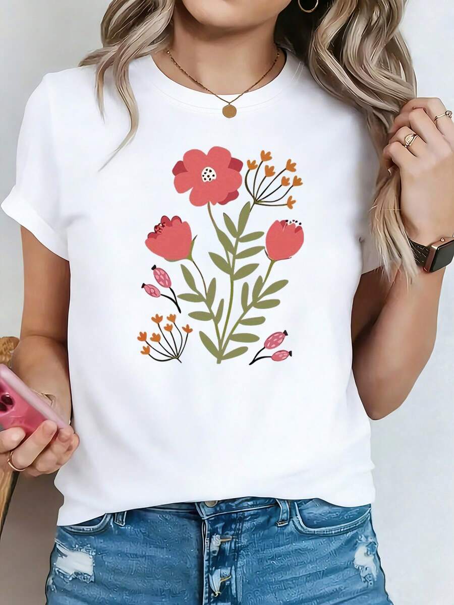 Camiseta de mujer de talla grande con cuello redondo y estampado floral "Ramo de Primavera, Floreciendo para Ti", estilo curvado, diseño creativo, artístico, curativo y fresco, ideal para compras diarias, viajes, vacaciones, regalos navideños, fiestas, top elegante de manga corta retro, ajuste elástico y relajado. - Blanco - Ver 1