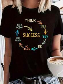 Camiseta de manga corta holgada para mujer, con estampado de la palabra "Success", top casual de talla grande, tela elástica, diseño de cuello redondo, moda de verano.blusas para mujer>ropa - Negro - Ver 1