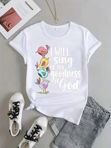 Camiseta con Estampado de Letras Little Bird para Mujer, Camiseta Casual con Estampado, Cuello Redondo, Manga Corta, Ropa de Mujerblusas para mujer>ropa - Blanco - Ver 3