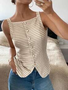 Blusa elegante sin mangas con botones delanteros y estampado de rayas para mujer - Albaricoque - Ver 3