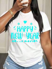 Women's Short-Sleeved T-Shirt With Snowflake And Heart Print To Celebrate The New Year, Casual Top For Festive Events, Cool Summer Clothes For Women. - 白色 - 查看 1