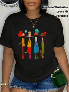 1 Women's Black T-Shirt With Colorful Feminine Motifs | Loose-Fitting Summer T-Shirt, Suitable For Casual Daily Wear And Formal Occasions, Machine Washable, Round Neck, Short Sleeves, Slightly Stretchy Fabric, Geometric Design, Stylish T-Shirt, Soft Texture, Versatile Clothing, 180g 100% Cotton. - 黑色 - 查看 2