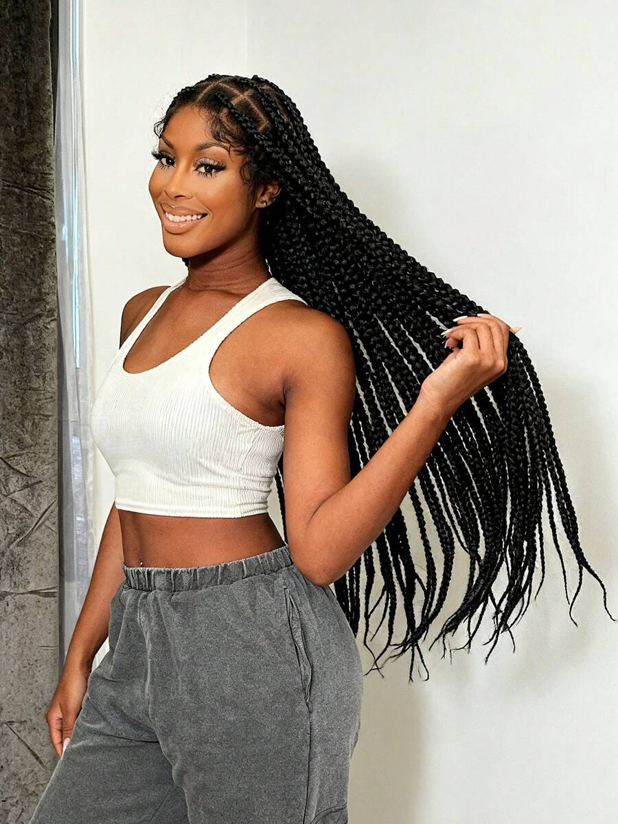 360° Seamless Box Braid Lace Front Wig, Extra Long Full Lace Box Braid Wig With Baby Hair, Suitable For Synthetic Braided Wig - Black - View 1
