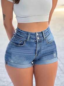 Women's High Waist Double Button Distressed Denim Shorts - Slim Fit Practical Pockets Casual Fashion Shorts - Light Wash - View 2