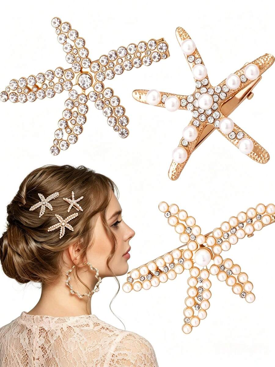 3pcs Vintage Faux Pearl Decor Starfish Shaped Hair Clip Stylish Hair Bun Maker Accessory, Suitable For Women And Girls For Daily Wear, Head Accessories, Hair Accessories For Women, Claw Clips, Hairpin, Beach Accessories - Multicolor - View 1
