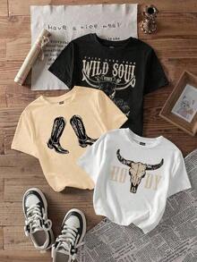 Conjunto de 3 camisetas de manga larga y cuello redondo para mujer, con un estampado de calaveras casual y sencillo, adecuadas para el verano. - Blanco - Ver 1