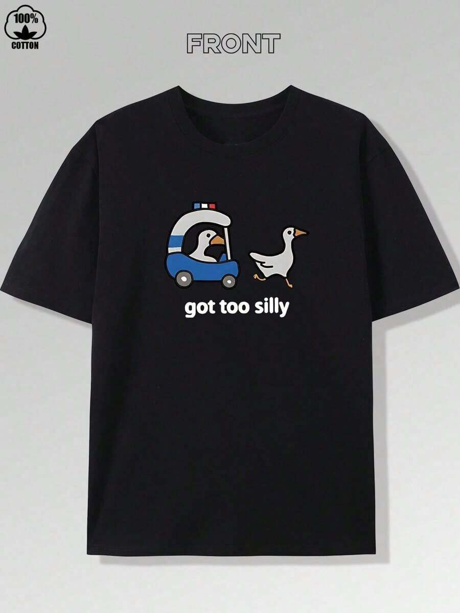 Got Too Silly "Duck Print T-Shirt, Men's Casual Short Sleeve Crew Neck T-Shirt, Pure Cotton T-Shirt, Comfortable And Breathable, Y2k Style, Regular Fit, Suitable For All Seasons" - 黑色 - 查看 1