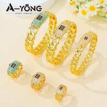 Italian Zirconia Hip Hop Jewelry Set 21k Gold Plated Arabici Fashion Cuff Bangles Rings Middle East Muslim Women Vintage Punk Jewelrys - Style a - View 2
